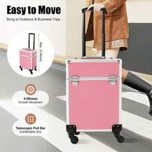 Pink Aluminum Rolling Train Case, Professional Trolley Cosmetic Organizer Box, Portable Makeup Storage Case For Artists - Pink - View 4