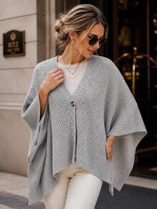 Perirose Women's Gray Basic Knit Poncho Sweater Button Front V Neck Batwing Cape Cardigan Loose Fit Fall Clothes Casual Work Tops For Women Homecoming Party - Grey - View 9