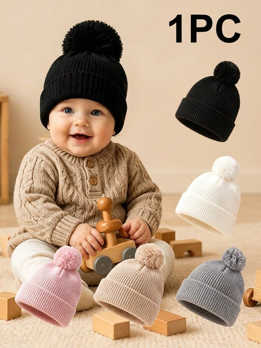 1pc Spring Autumn Winter Unisex Baby Knit Hat, Cute Pom Pom Design, Classic Solid Color, Simple Fashion Versatile, Comfortable Breathable Soft Woolen Hat, Outdoor Warm Baby Hat - Multicolor - View 1
