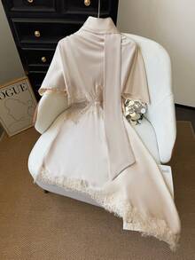 GMFP Women's Spring/Summer Casual Elegant Fashion Contrast Lace Satin Texture Hollow Waist Apricot Skirt, Date Daily Gathering Y2K Back To School Graduation Season Women's Outfit Item Halloween Christmas Top - Apricot - View 4