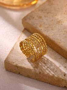 Minimalist Stainless Steel Asymmetrical Textured Multi-Layer Stackable Gold Rings, Suitable For Girlfriend, Best Friend And Mother, 18K Gold Plated Women's Rings, Aesthetic Wedding, Vacation Exaggerated Jewelry, Party, Ball Accessories, Ideal Holiday, Birthday Gift Choice - Multicolor - View 7