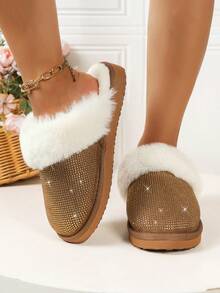 Women's Comfortable Soft Sole Autumn/Winter Slippers, Fleece Lined Warm Round Toe Low-Top Slip-On Thick Sole Bedroom Slippers - Brown - View 3