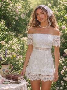 Summer Women's French Style White Hollow Lace Off-Shoulder Cold Shoulder Cinched Waist Ruffle Hem Short Dress, Suitable For Vacation, Date, Beach - White - View 5
