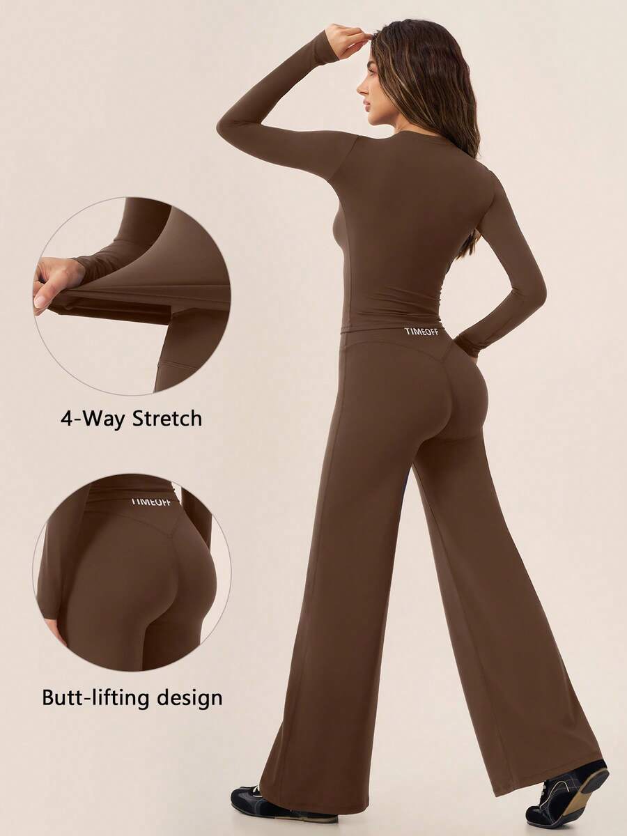 TimeOff Women's One Set Solid Color Round Neck Slim Fit Long Sleeve Top High Waist Butt Lifting Flared Pants - Brown - View 1