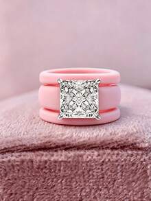 3 Piecessilicone Ring Cutting Synthetic Zirconia Pink Ring Set, Suitable For Daily Wear, Weddings, Valentine's Day, Anniversaries, And Gifts - Ring Set - View 4