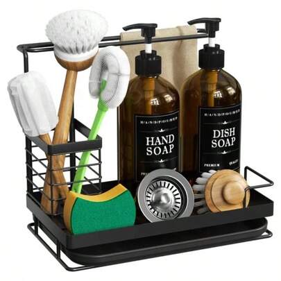 Juego de dispensador de jabón para platos de cocina con 2 botellas de vidrio ámbar de 17 oz - Organizador de acero inoxidable a prueba de óxido y bandeja extraíble - Caddy de jabón y esponja estilo granja para decoración de encimera de fregadero de cocina