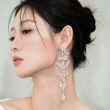 1 Pair Transparent Water Drop Rhinestone Multi-Layer Tassel Earrings, Long Waterfall Drop Earrings For Bridal Wedding Dress, Elegant Women's Earrings - Silver - View 9