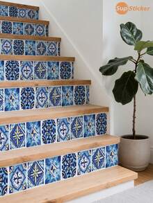 SUPSTICKER 1 Roll 4pcs Bohemian Geometric Floral Tile Stair Tread Stickers, PVC Self-Adhesive Waterproof Oil-Proof, 6/6.5/7/7.5/8x47.24 Inches, Suitable For Stairs, Kitchen Walls - 4PC - View 6