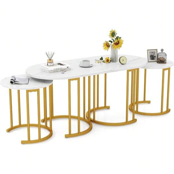 Nesting Coffee Table Set Of 3, Living Room Table Set, White | Stacking Side Tables, Oval Coffee Table,2 Round End Tables, 3-Piece Modern Living Room Tables For Apartment
