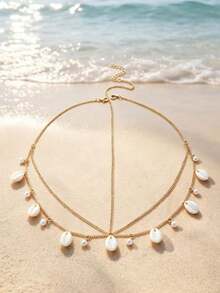 1pc Fashionable Bohemian Style Alloy Resin White Faux Pearl Shell Starfish Pendant Tassel Basic Chain Head Chain For Women, Party Gift (Handmade Chain Cut To Size, Number Of Round Beads Varies) - Multicolor - View 3