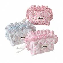 1pc Sweet Floral Quilted Ruffle Trim Kids Toiletry Makeup Bag, Girl Fabric Quilted Storage Bag, Portable Toiletry Bag, Travel Cosmetic Organizer - Multicolor - View 8