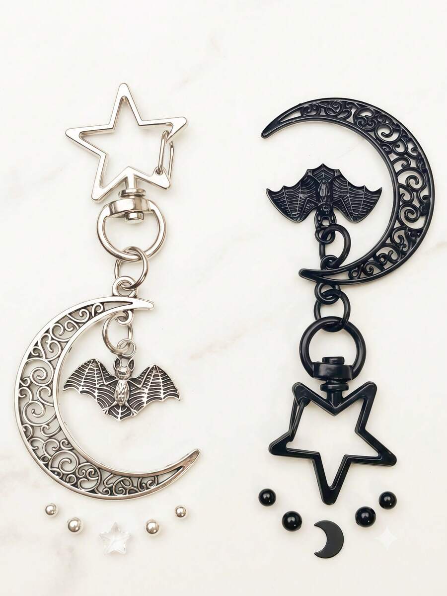1pc Gothic Star Clasp Crescent Moon Bat Keychain, Retro Hollow Alloy Bag Charm, Punk Y2K Key Ring For Car Keys Backpack, Halloween Gift - Multicolor - View 1