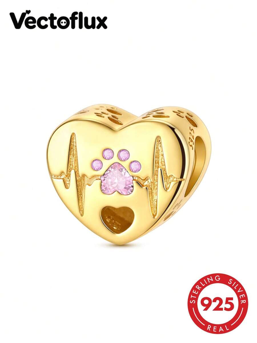 Vectoflux 1pc S925 Sterling Silver Gold Heartbeat Paw Print Charm, Suitable For 3mm Handmade Bracelet, Necklace, Keychain DIY Pendant, Women's Gift For Birthday, Party, Holiday - KJC1766 - View 1