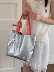 Niche Pleated Shiny Tote Bag, Neon Contrast Woven Handles, Eye-Catching Design, Side Drawstring Adjustable Shape, Large Capacity, Suitable For Daily Commute And Street Photography, Hot Girl Style - Silver - View 3