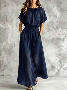 Elegant Solid Navy Blue Chiffon Long Dress, Round Neck, Flutter Short Sleeves, Elastic Ruffle Waist, Flowy Women's Dress - Navy Blue - View 6