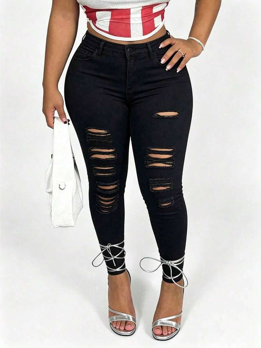 Women's Black Distressed Slim Fit Jeans, Casual Long Pants With Pockets And Zipper, Medium Stretch - Black - View 1