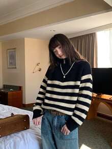 YCYC Solid Color Striped Design Contrast Color Half-Zip Long Sleeve Casual Versatile Sweater For Women - Black and White - View 3