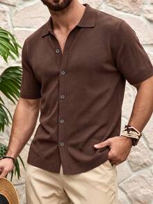 Men's Summer Casual Short Sleeve Knit Cardigan, Comfortable Basic Everyday Top, Suitable For Home, Outdoor, Beach Vacation, Perfect Gift For Husband - Brown - View 3
