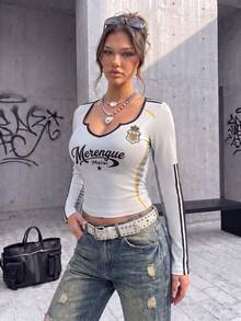 Women's Casual Madrid Jersey Sweetheart Side Stripe Slim Fit T-Shirt For Daily Wear Fall & Winter, Going Out - Yellowish-white - View 5
