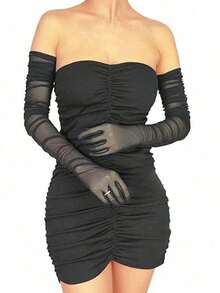 1雙女款透視網紗長款蕾絲手套，優雅新娘防曬袖套，適用婚禮派對晚餐音樂會度假拍照 - 透明白色 - 查看 12