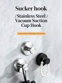 2Pcs Stainless Steel Suction Cup Hooks – Heavy Duty No Drill Bathroom Towel Hooks, Removable & Reusable Wall Hangers For Shower, Kitchen, Glass Door & Closet Organization (Black 2 Packs & Silver 2 Packs) - Silver - View 7