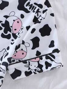 2pcs/Set Tween Girl Cute Casual Cartoon Cow Print Polo Collar Short Sleeve Cardigan And Shorts Pajama Set, Flame Retardant, Suitable For Boys And Girls - Multicolor - View 7