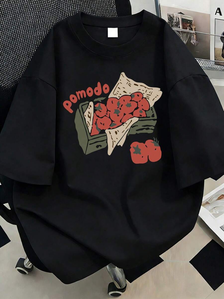 趣味番茄印花圓領女款休閒夏季上衣,大尺碼休閒夏季上衣黑色 - 黑色 - 查看 1