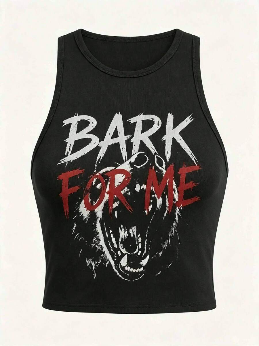 Women's Bark For Me Wolf Pattern Short Tank Top,Y2K Street Style Gothic Fashion Aesthetic Sleeveless Shirt,Streetwear Letter Print Crop Top Black Top - 黑色5 - 查看 1