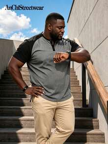 AnChiStreetwear - Plus Size Men's Casual Color Block Henley Shirt, Raglan Sleeve Design For Fashionable Casual/Light Sports Look, Suitable For Daily Wear, Commuting, Outdoor Activities - Multicolor - View 1