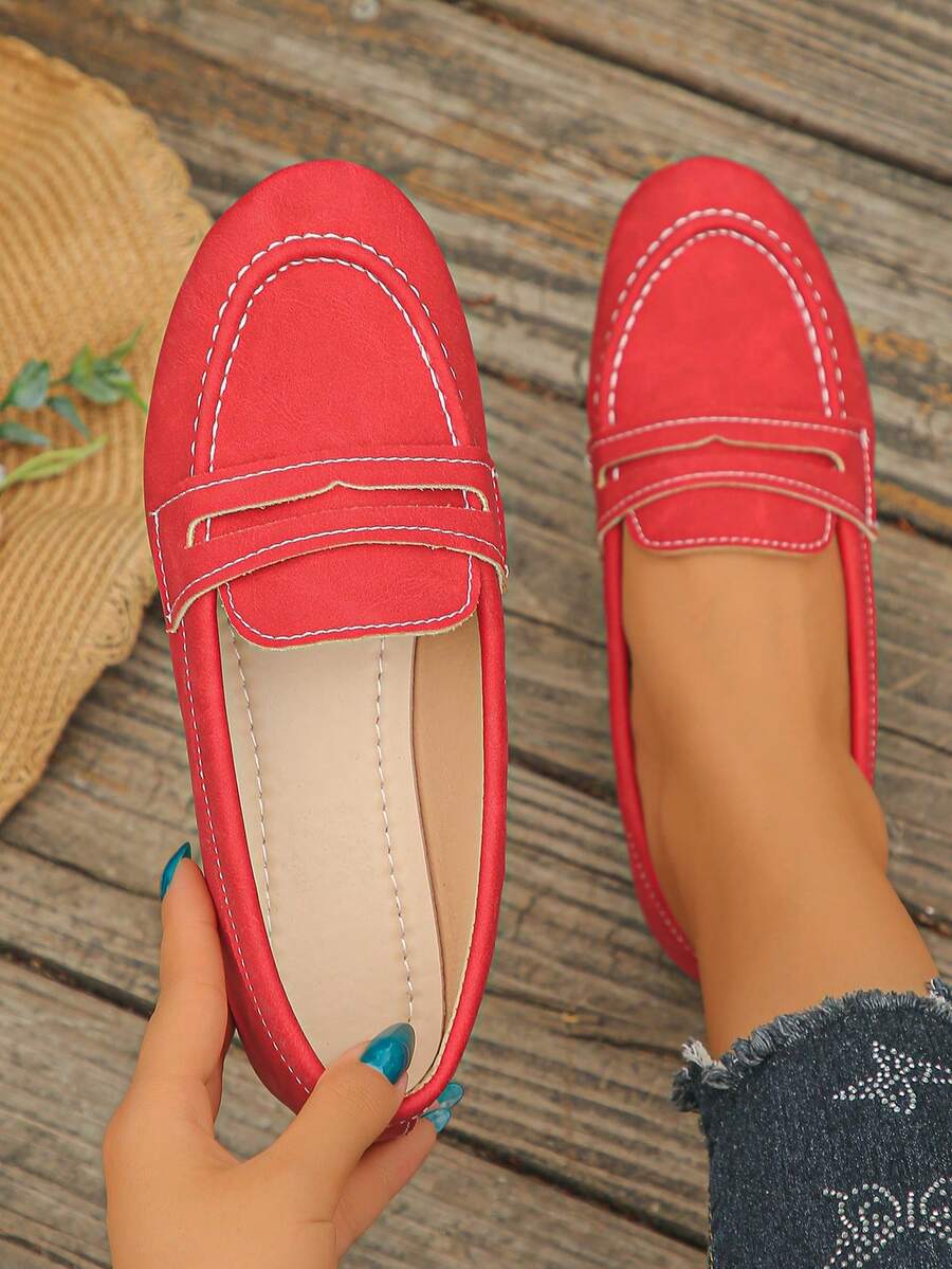 Women's Minimalist Casual Round Toe Slip-On Loafers, Red Faux Suede Flat Shoes, Soft Comfortable Daily Commute Driving Moccasins