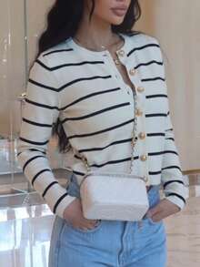 Women's Striped Gold Button Cardigan Sweater, White Long Sleeve, Medium Stretch, Regular Fit, Autumn/Winter - Black and White - View 2