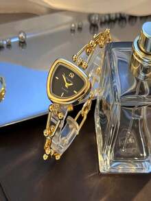 1件/套 小眾三角不對稱手鍊式女款石英手錶，金色馬蹄扣珠鏈奢華小錶盤腕錶，Ins法式優雅水鑽設計，百搭高端裝飾腕錶，適合日常配戴、約會、通勤，女孩禮品配件，溫柔細膩氣質，送給好友、女友、節日、生日的平價禮物 - 金色 - 查看 5