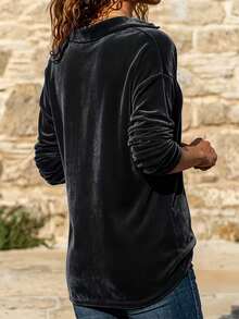 Elegant Women's Velvet Long Sleeve Top With Collar, Fashionable V-Neck Knit Shirt, Suitable For Autumn Wear - Black - View 10
