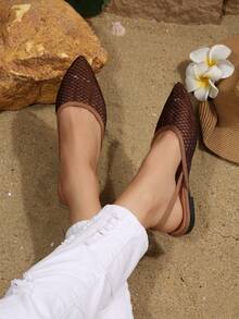 Lightweight Mesh Mule Shoes, Pointed Toe With Back Strap, Lace Mesh With Rhinestones, Elastic Band Design, Casual Loafers, Elegant Minimalist Commuter Hollow Flat Shoes - Coffee Brown - View 4