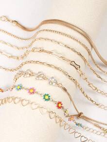 8pcs/1pc Elegant Floral Rhinestone, Heart, Colorful Flower Women's Bracelet Set For Daily Wear And Party - Gold 1488 - View 1