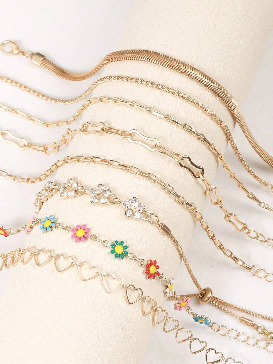8pcs/1pc Elegant Floral Rhinestone, Heart, Colorful Flower Women's Bracelet Set For Daily Wear And Party - Gold 1488 - View 1