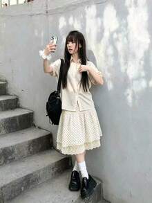 韓式復古波點蕾絲飾邊拼接迷你裙（隨機波點） - 杏色 - 查看 4