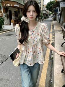 YUXIN Versatile Cute Colorful Polka Dot Ruffle Puff Sleeve Top, Unique Design French Style Short Sleeve Top For Summer - Multicolor - View 5
