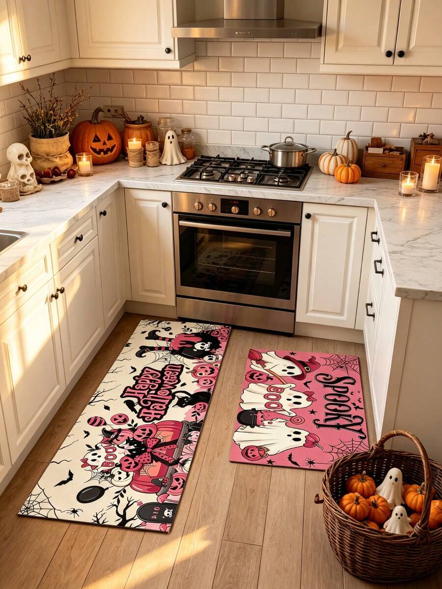 1/2pcs Halloween Pink Ghost Pattern, Vintage Diatomaceous Earth Bath Mat, Super Absorbent, Non-Slip, Perfect For Bathroom, Kitchen And Dining Room, Quick Drying, Machine Washable, Ideal Home Decor And Bathroom Mat Gift - Multicolor - View 1