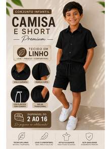 Children's Set Boy Shirt And Shorts Comfortable In Viscolinho - Black - View 3
