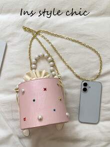 Pearl Beaded Colorful Rhinestone Metal Star Decor Ruched Texture Detachable Metal Chain Portable Drawstring Bucket Bag For Women, Sweet Round Cylinder Handbag For Travel, Shopping, Dating, Exquisite Niche Crossbody Shoulder Bag, Fresh Versatile - Pink - View 3