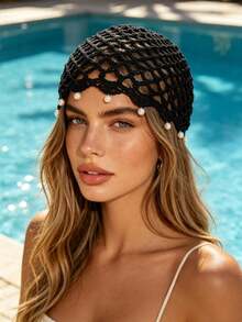 1pc Vintage Bohemian Crochet Hair Hat With Pearl Pendant, Hollow Mesh Beach Vacation Hat - B - View 4