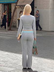 Fashionable Women's Medium Stretch 2 Pieces Set, Including Long Sleeve Crop Top And Gray Casual Pants With Blue Lace Detail. Elegant - Grey - View 3