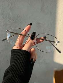 1 Square Metal Spectacle Frame, Clear Lenses, Non-Prescription Glasses, Unisex Japanese Decorative Glasses, Elegant And Fashionable Beach Accessories - Silver - View 2