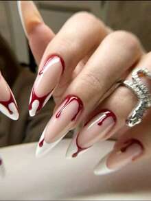 10 Peças de Unhas Postiças Feitas à Mão, Unhas, Unhas Falsas, Unhas de Halloween, Unhas Amendoa, Rosa, Azul, Vermelho, Branco, Preto e Verde, com Padrões de Textura de Bolhas de Sangue Gotejante Rosa, Azul e Verde, Perfeito para Uso Diário, Encontros e Ocasiões Casuais de Menina Delicada - Vermelho e Branco - Visão 2