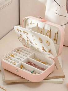 1 pieza Caja de joyas de 2 capas, Caja de almacenamiento de joyas, Caja de almacenamiento de joyas de gran capacidad, Bandeja de exhibición de collares, Para viajes - A - Ver 2