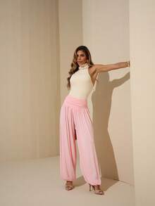 Calça Aladim Malha Fluity Elegante Cintura Alta Fashion - Rosa Bebê - Visão 5