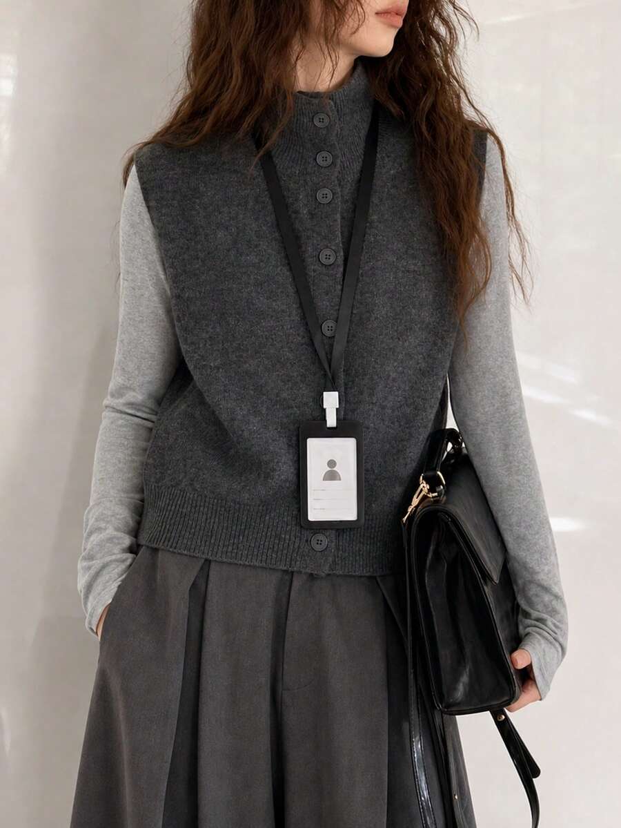 Women's Autumn/Winter Casual Minimalist Retro Double-Sided Double-Knit Sweater Vest Top Fall - Grey - View 1
