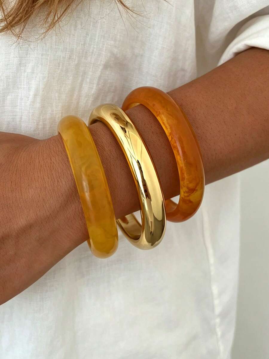 3/1pc Vintage Minimalist Casual Style Women's Round Plain Gold CCB And Yellow Acrylic Bracelet, Suitable For Daily Wear And Summer Beach Vacation, Stackable, Perfect Gift For Holidays - Yellow - View 1
