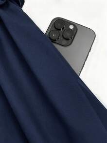Elegant Solid Navy Blue Chiffon Long Dress, Round Neck, Flutter Short Sleeves, Elastic Ruffle Waist, Flowy Women's Dress - Navy Blue - View 9